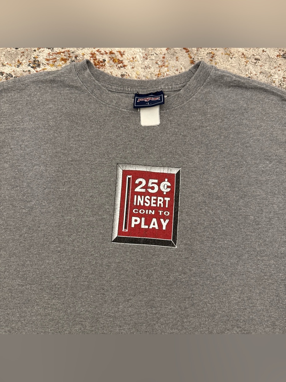 Vintage JanSport Insert Coin To Play Arcade Long Sleeve Shirt Grey Men's L 22x29